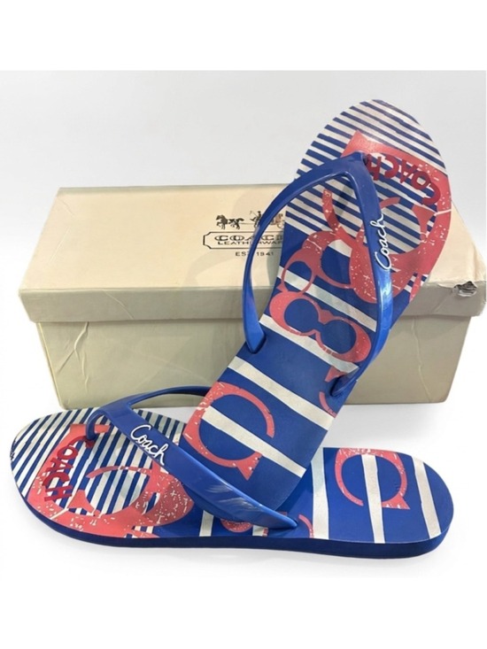 Coach Shoes - Women's Coach Blue Red Striped Logo Flip Flop Sandals Size 8